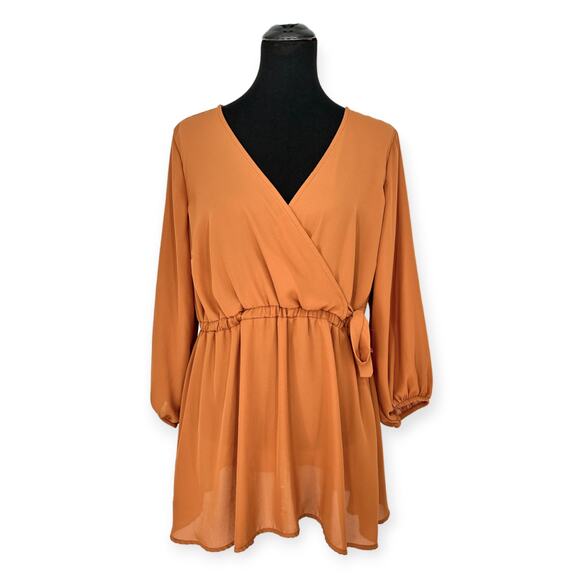 TORRID | Plus Sz 1 | Dusty Orange Surplice Neck 3/4 Sleeve Tie Waist Long Blouse - Picture 4 of 12
